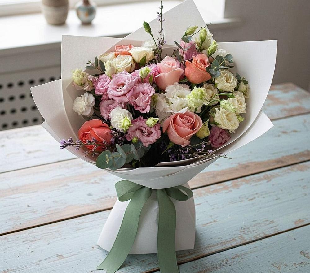 Букет цветов из: Розы, Лизиантусы и Гвоздики в Советской Ростовской области