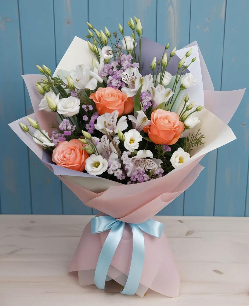 Букет цветов из: Лизиантусы, Розы, Альстромерии и Гипсофила в Советской Ростовской области